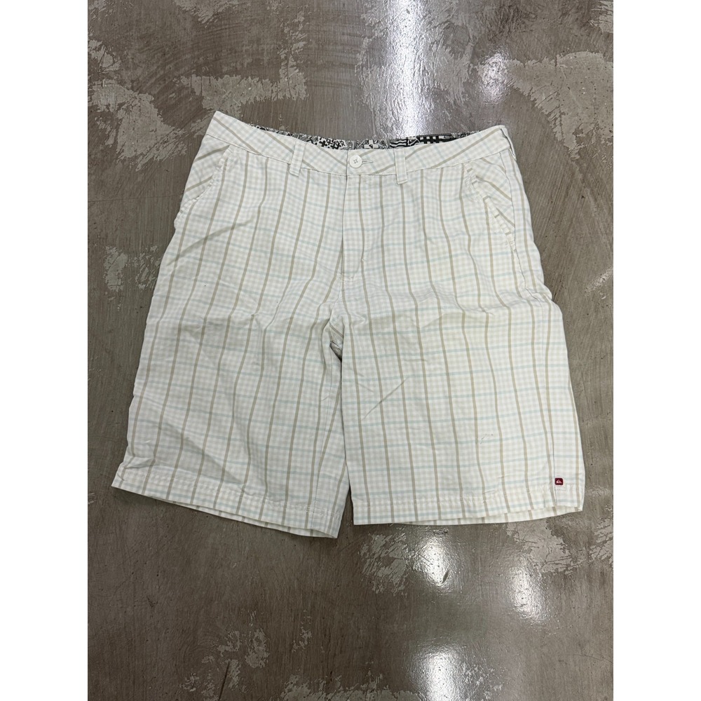 Quiksilver Mens 36 Plaid Shorts Cream Blue Flat Front Skate Surf Y2K 0107